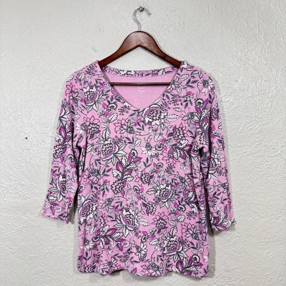 J Jill Top MP 100% Pima Cotton V-Neck Tee Pink Floral Cottage Garden Coastal